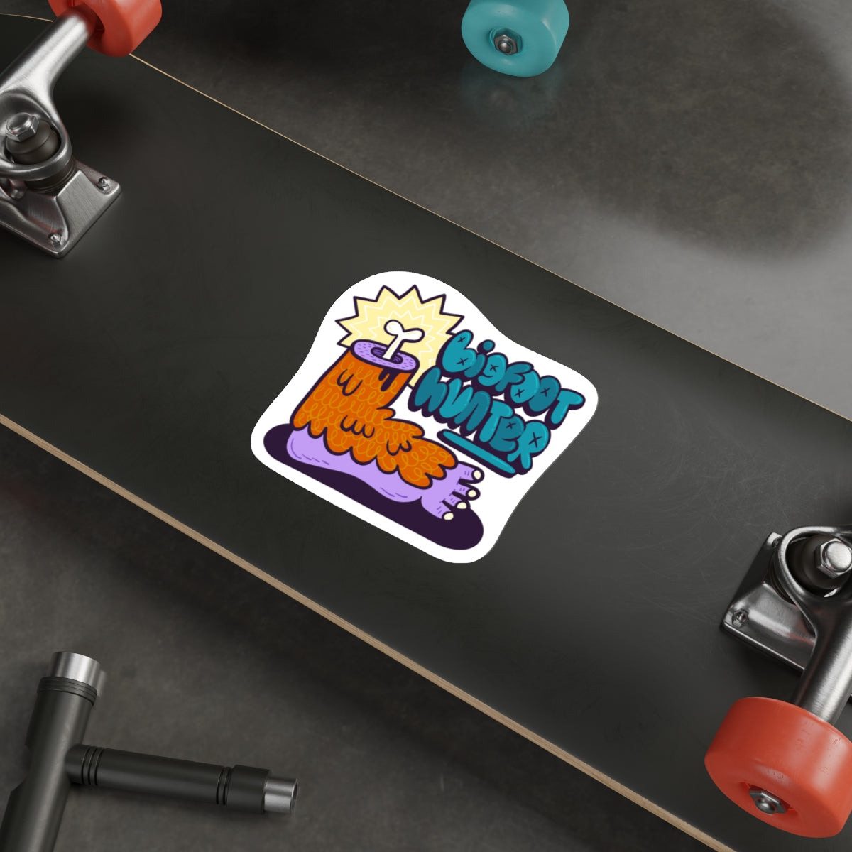 Bigfoot Hunter Die-Cut Sticker — Fun Cartoon Sasquatch Graphic Sticker