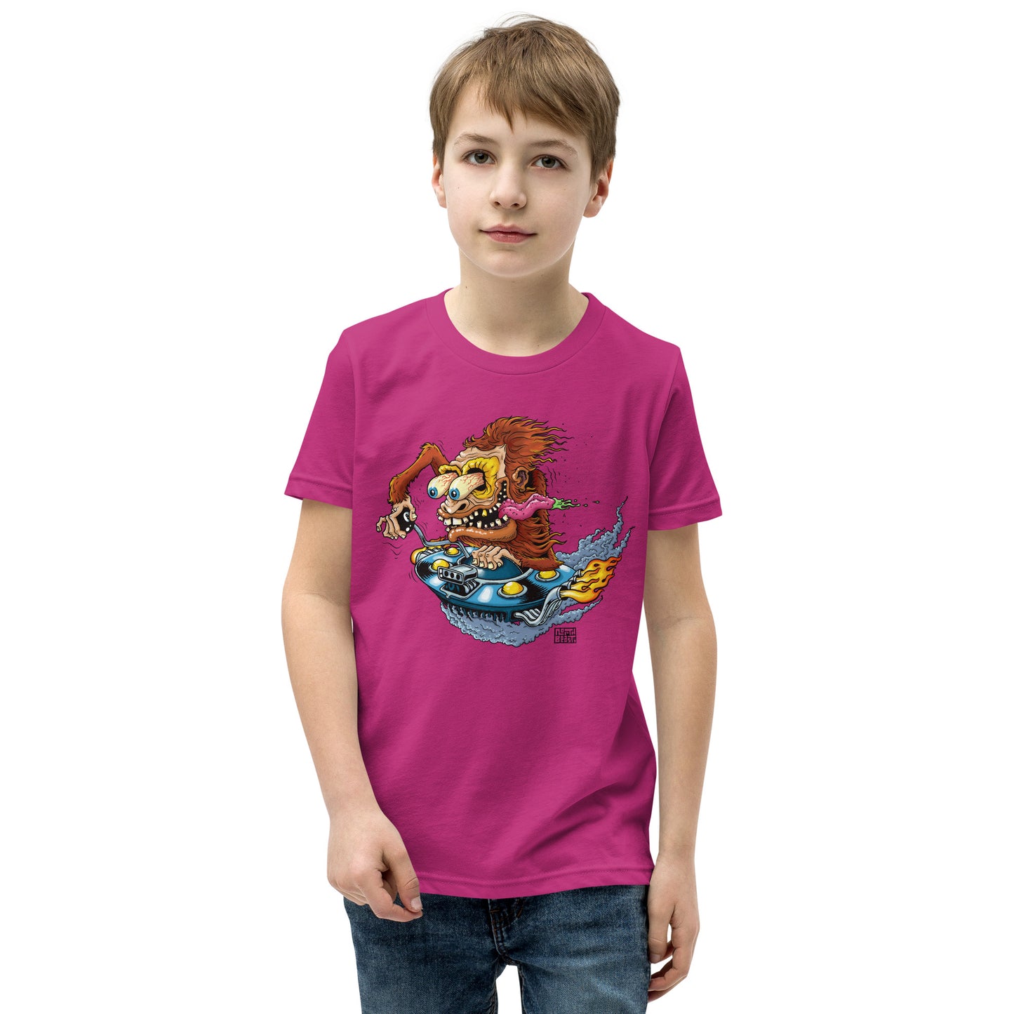 Sas-Fink - Sasquatch in UFO Hotrod - Youth Short Sleeve T-Shirt