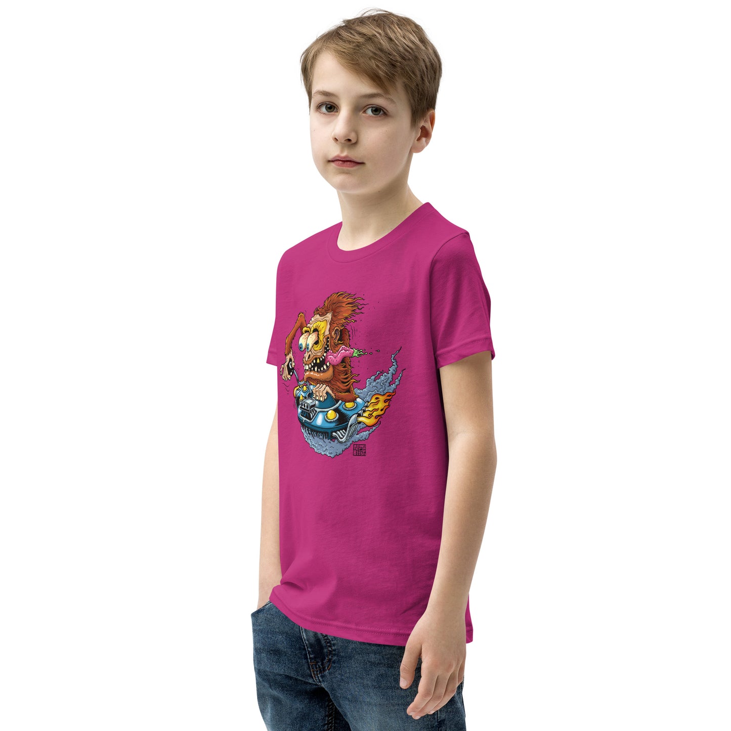 Sas-Fink - Sasquatch in UFO Hotrod - Youth Short Sleeve T-Shirt
