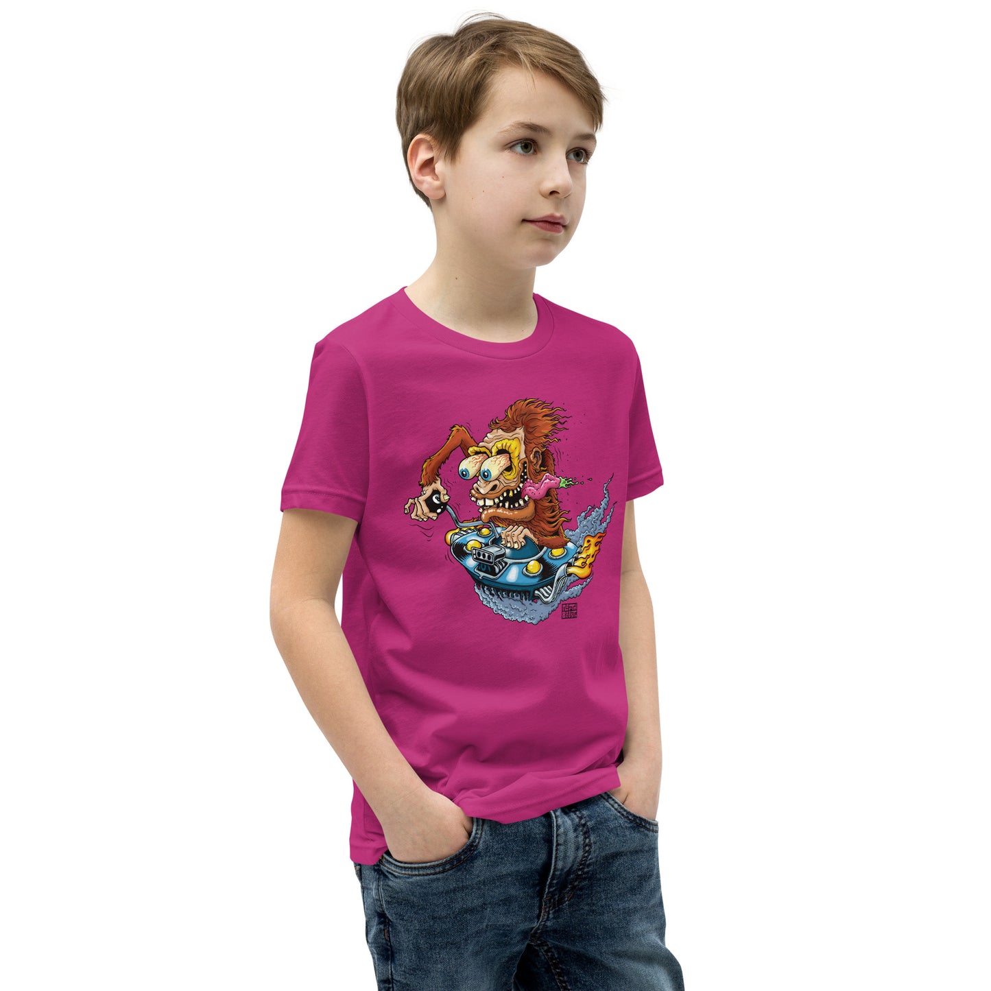 Sas-Fink - Sasquatch in UFO Hotrod - Youth Short Sleeve T-Shirt