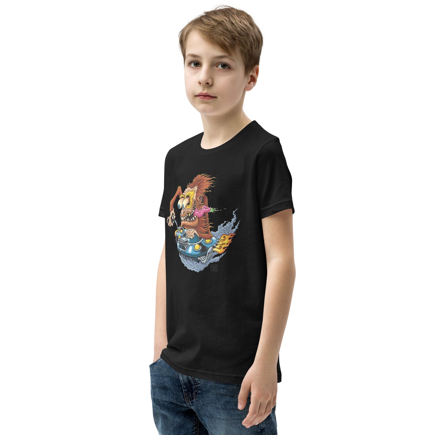 Sas-Fink - Sasquatch in UFO Hotrod - Youth Short Sleeve T-Shirt