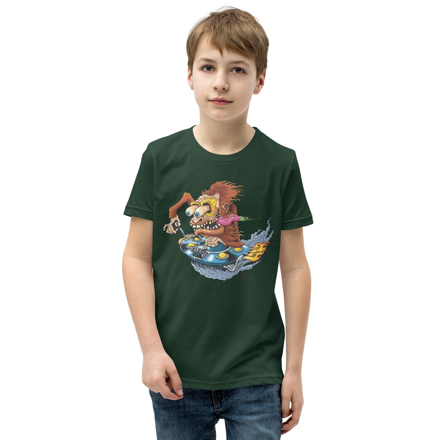 Sas-Fink - Sasquatch in UFO Hotrod - Youth Short Sleeve T-Shirt