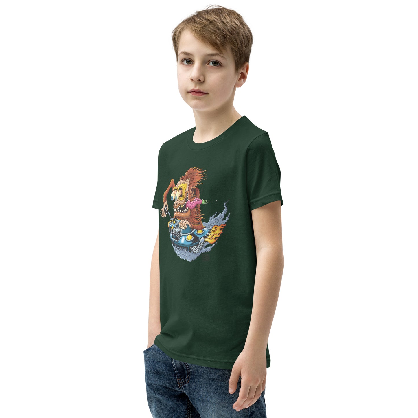 Sas-Fink - Sasquatch in UFO Hotrod - Youth Short Sleeve T-Shirt