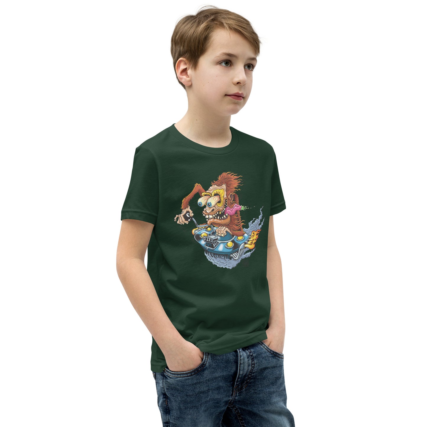 Sas-Fink - Sasquatch in UFO Hotrod - Youth Short Sleeve T-Shirt