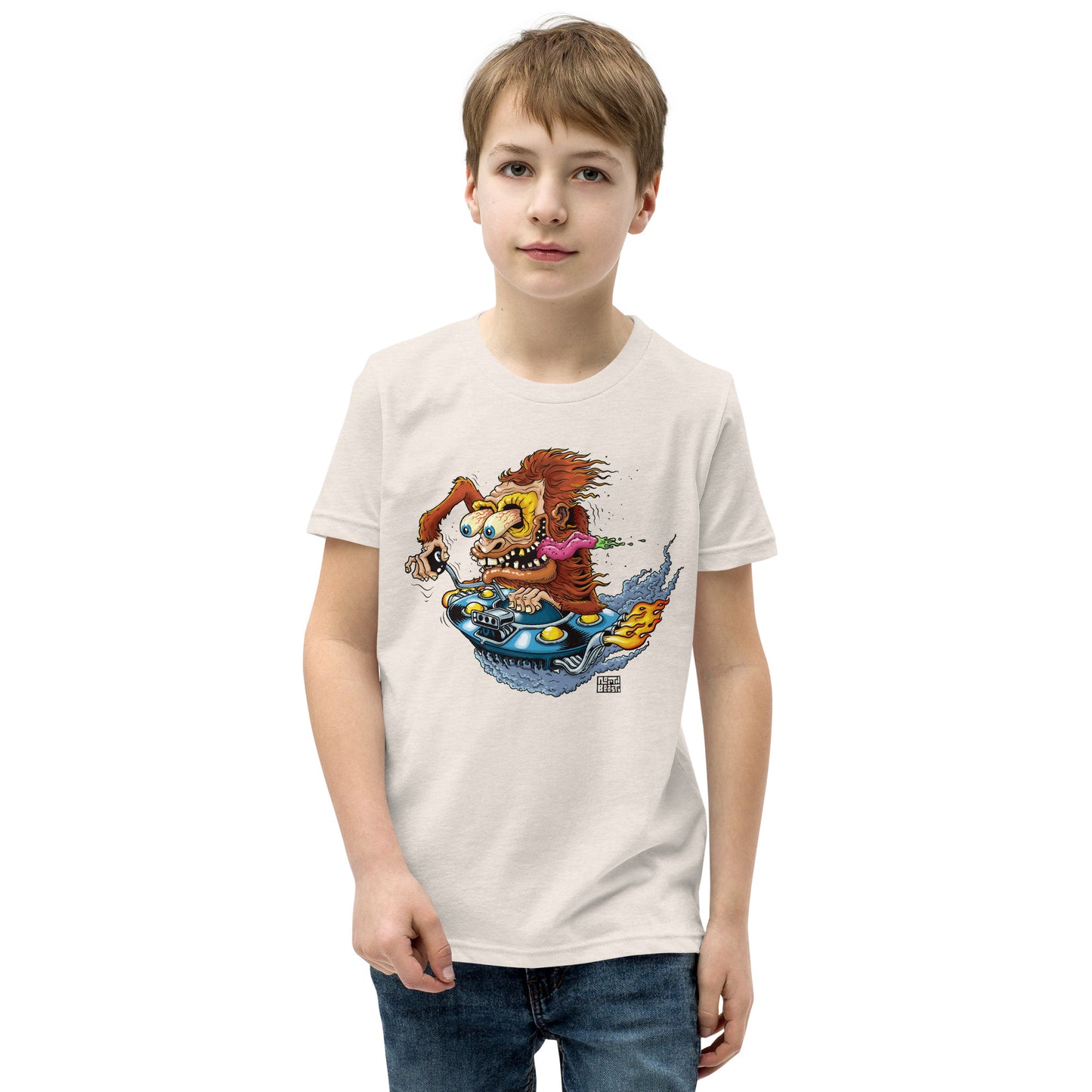 Sas-Fink - Sasquatch in UFO Hotrod - Youth Short Sleeve T-Shirt