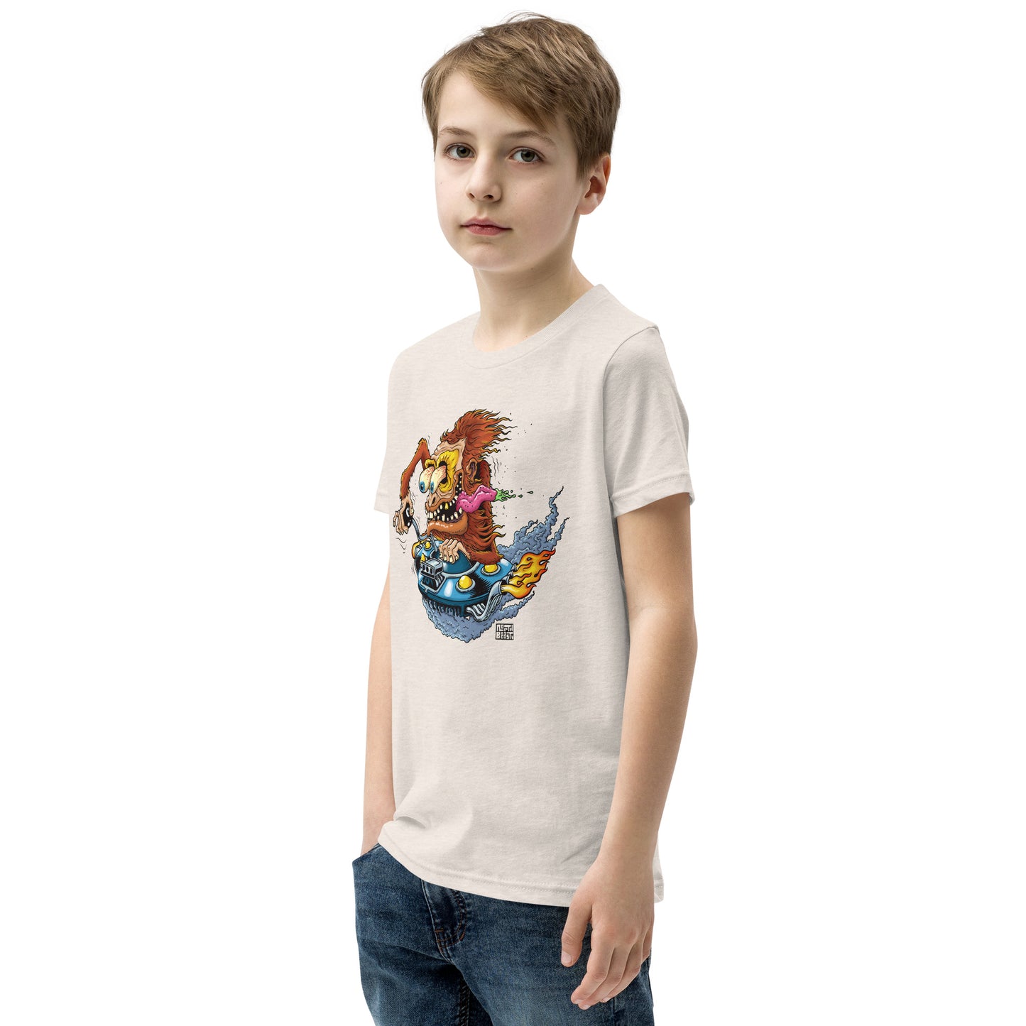 Sas-Fink - Sasquatch in UFO Hotrod - Youth Short Sleeve T-Shirt
