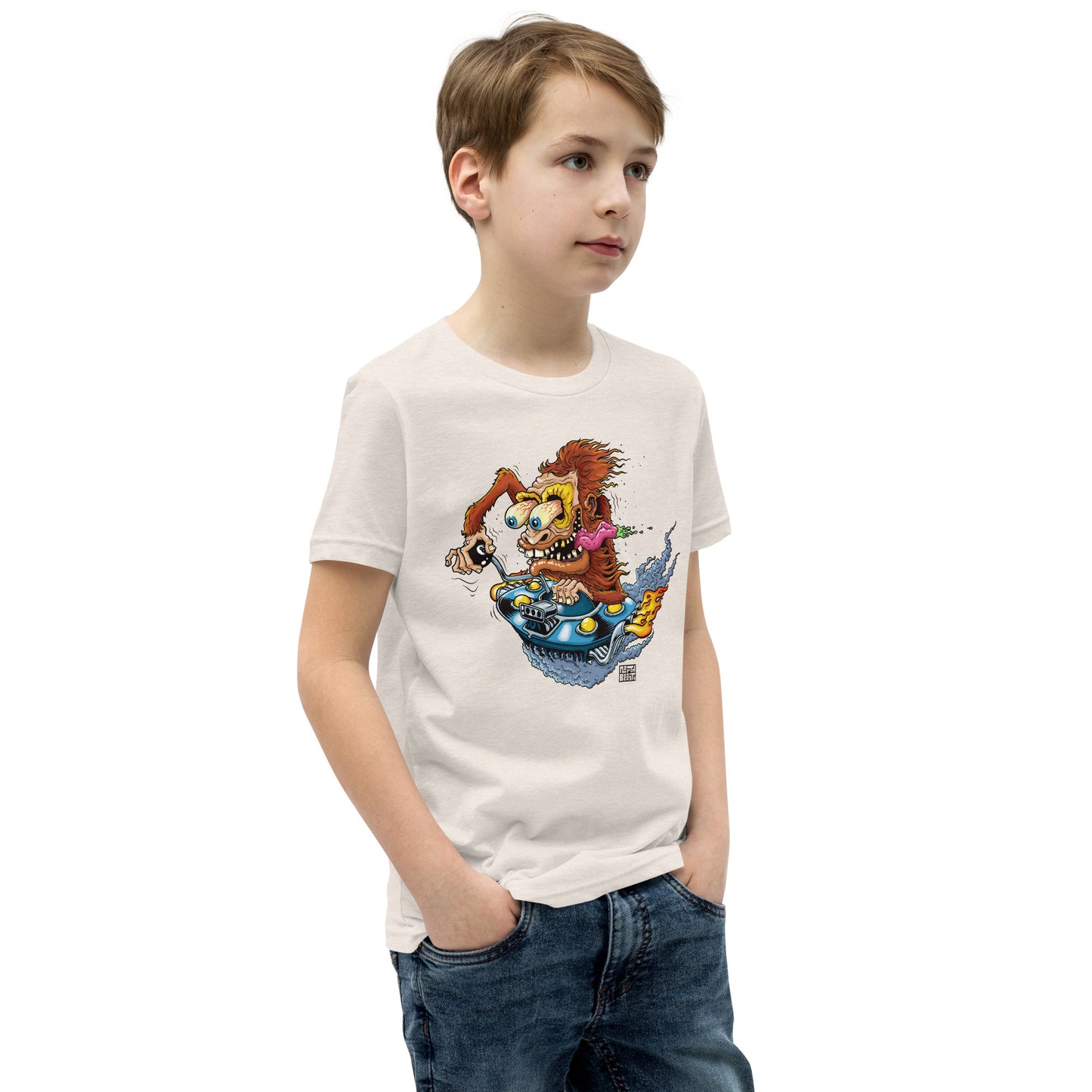 Sas-Fink - Sasquatch in UFO Hotrod - Youth Short Sleeve T-Shirt