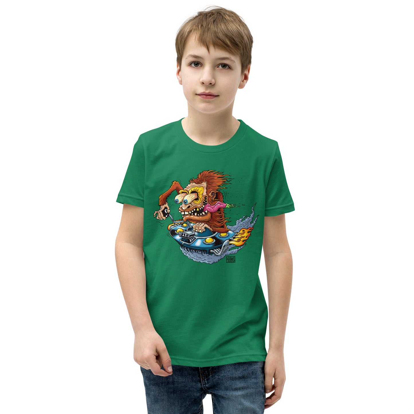 Sas-Fink - Sasquatch in UFO Hotrod - Youth Short Sleeve T-Shirt