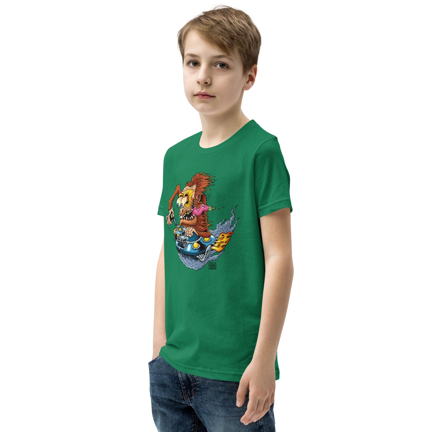 Sas-Fink - Sasquatch in UFO Hotrod - Youth Short Sleeve T-Shirt