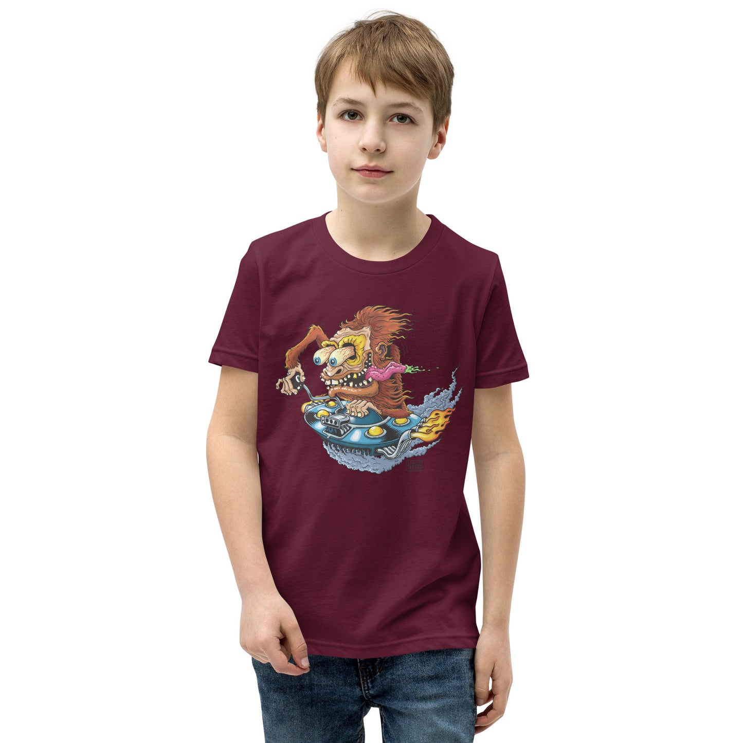 Sas-Fink - Sasquatch in UFO Hotrod - Youth Short Sleeve T-Shirt
