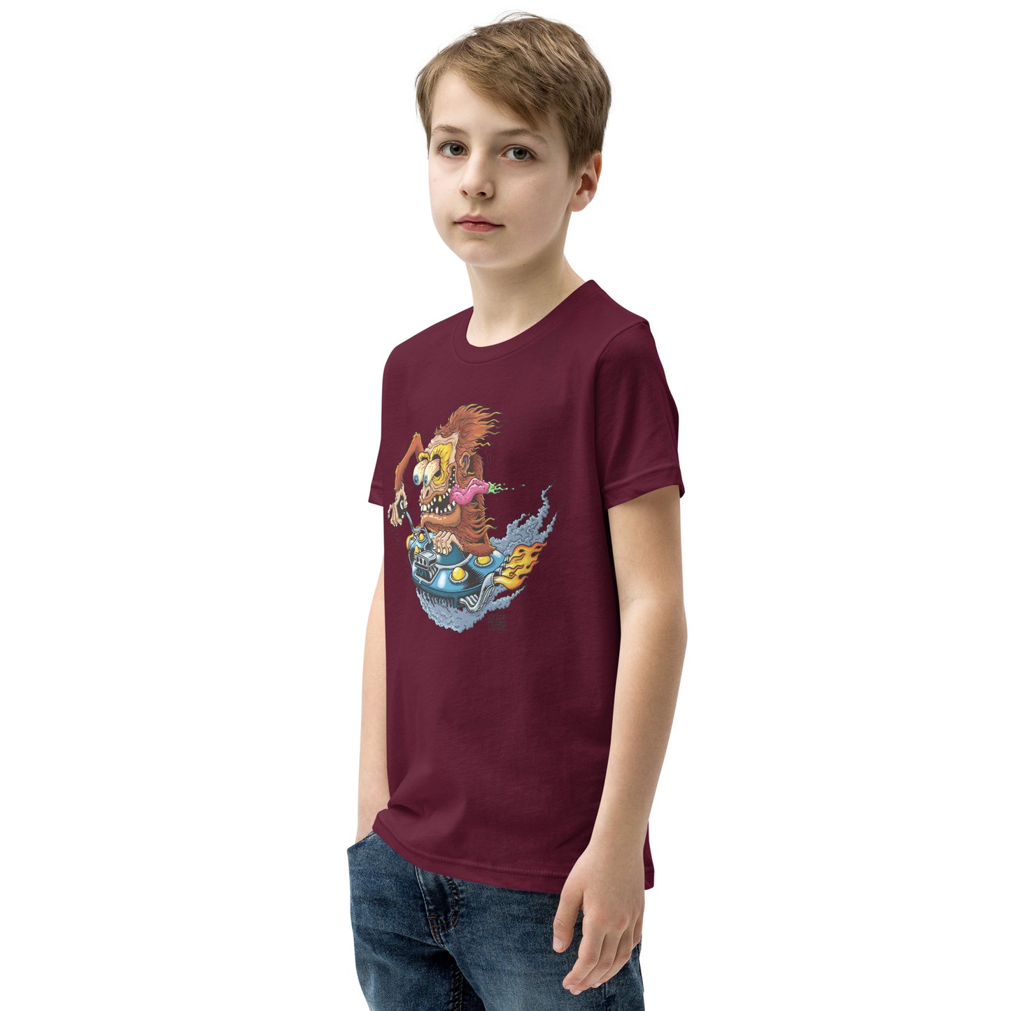 Sas-Fink - Sasquatch in UFO Hotrod - Youth Short Sleeve T-Shirt