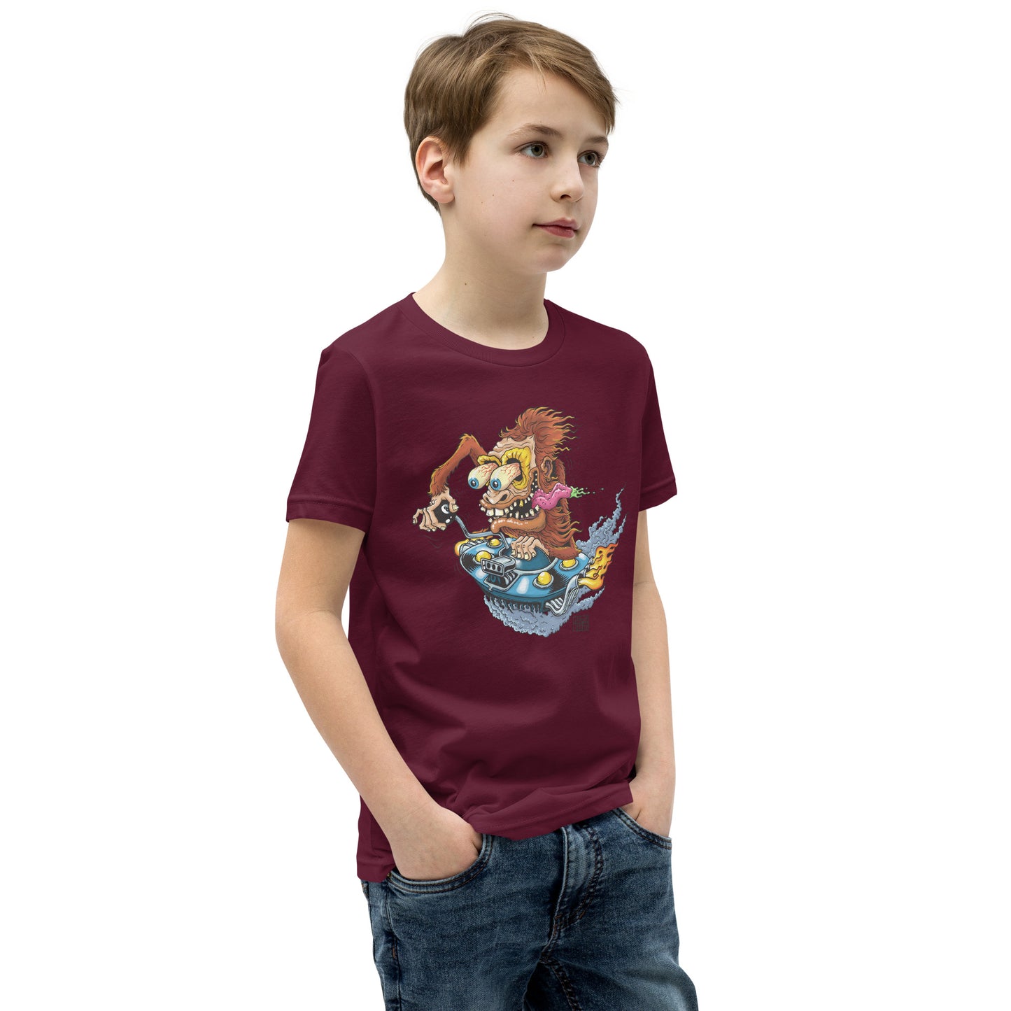 Sas-Fink - Sasquatch in UFO Hotrod - Youth Short Sleeve T-Shirt
