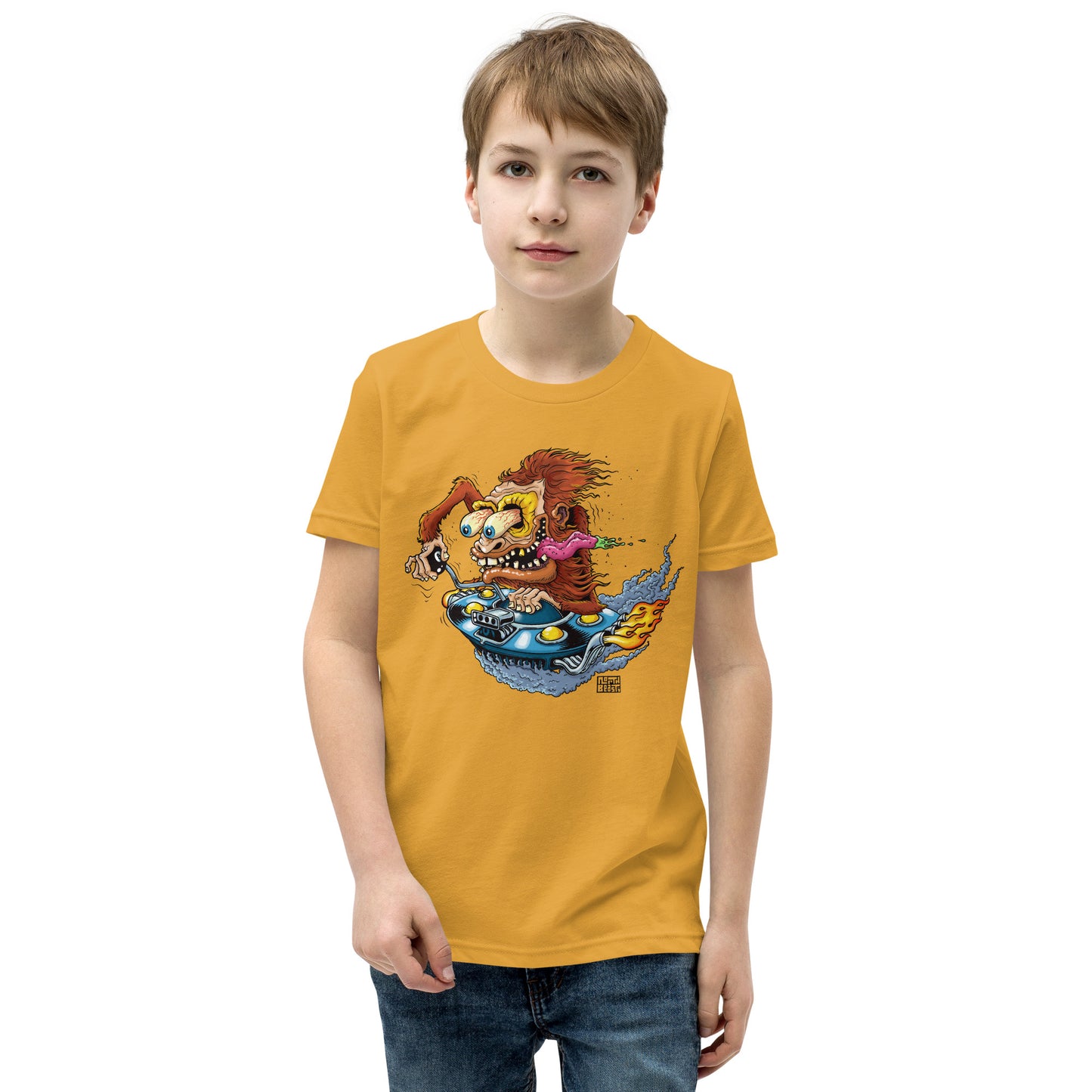 Sas-Fink - Sasquatch in UFO Hotrod - Youth Short Sleeve T-Shirt