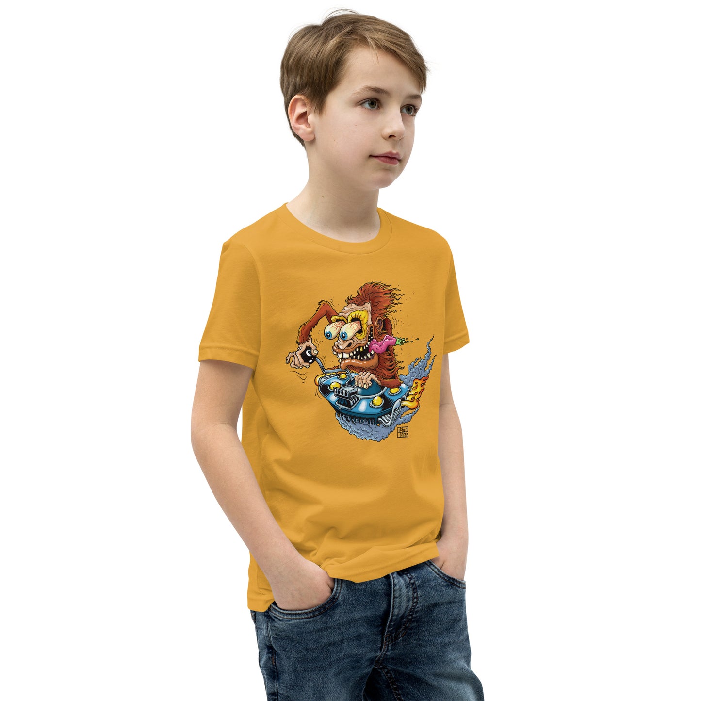 Sas-Fink - Sasquatch in UFO Hotrod - Youth Short Sleeve T-Shirt