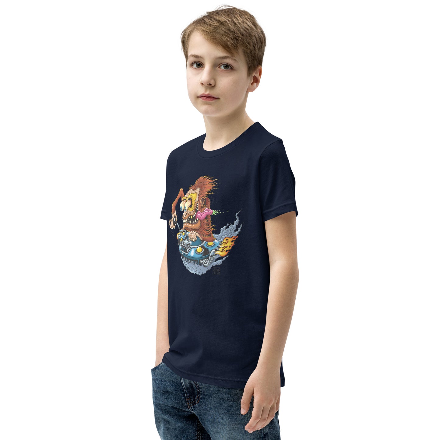 Sas-Fink - Sasquatch in UFO Hotrod - Youth Short Sleeve T-Shirt
