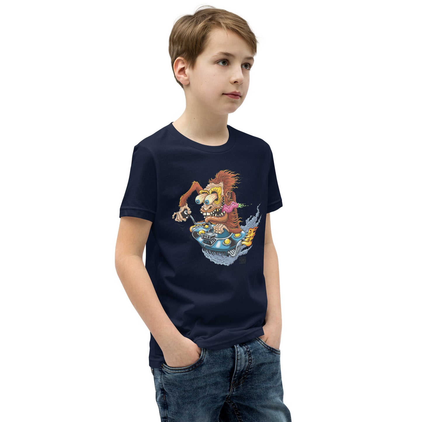 Sas-Fink - Sasquatch in UFO Hotrod - Youth Short Sleeve T-Shirt