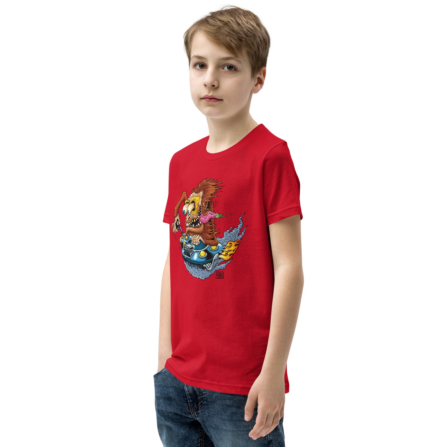 Sas-Fink - Sasquatch in UFO Hotrod - Youth Short Sleeve T-Shirt