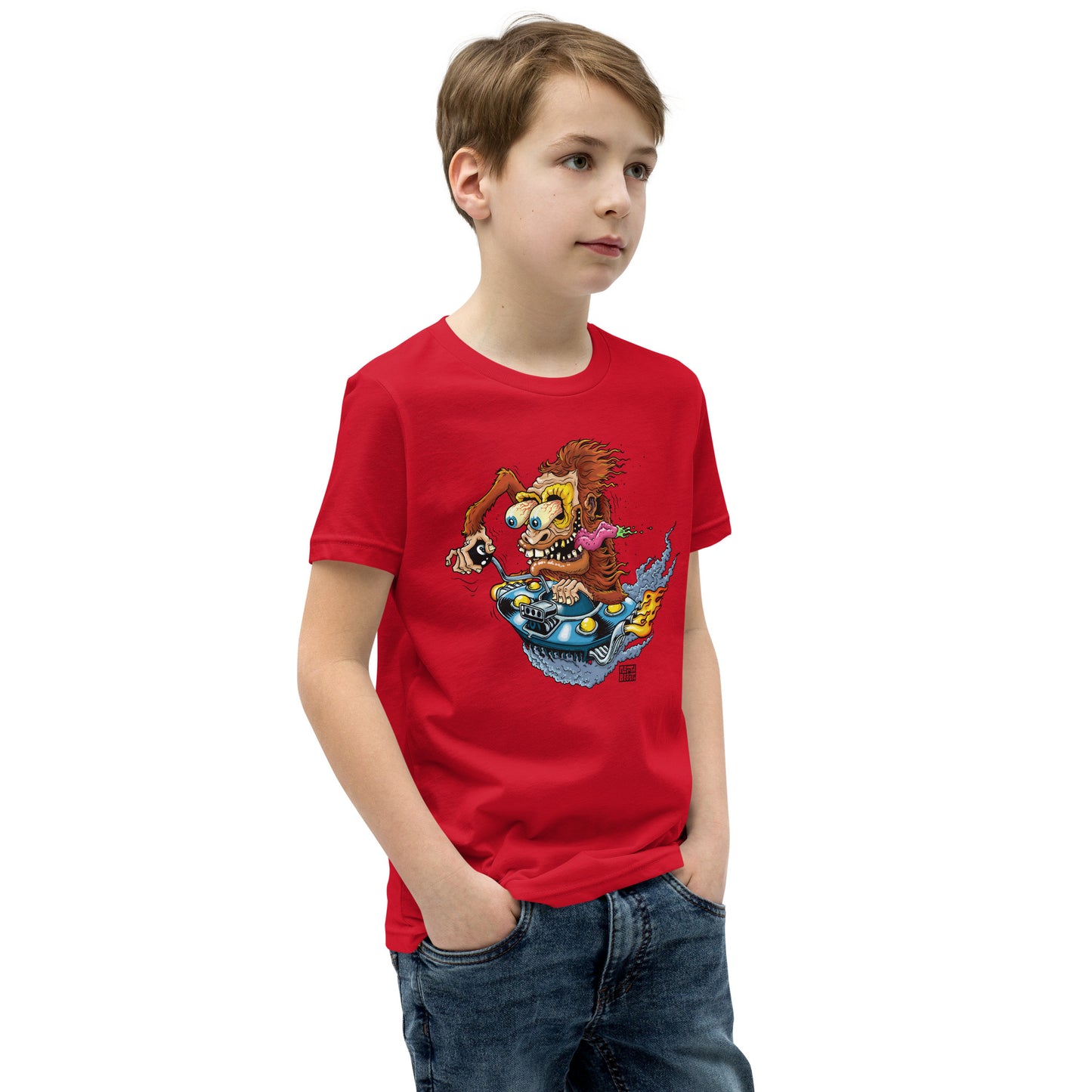 Sas-Fink - Sasquatch in UFO Hotrod - Youth Short Sleeve T-Shirt