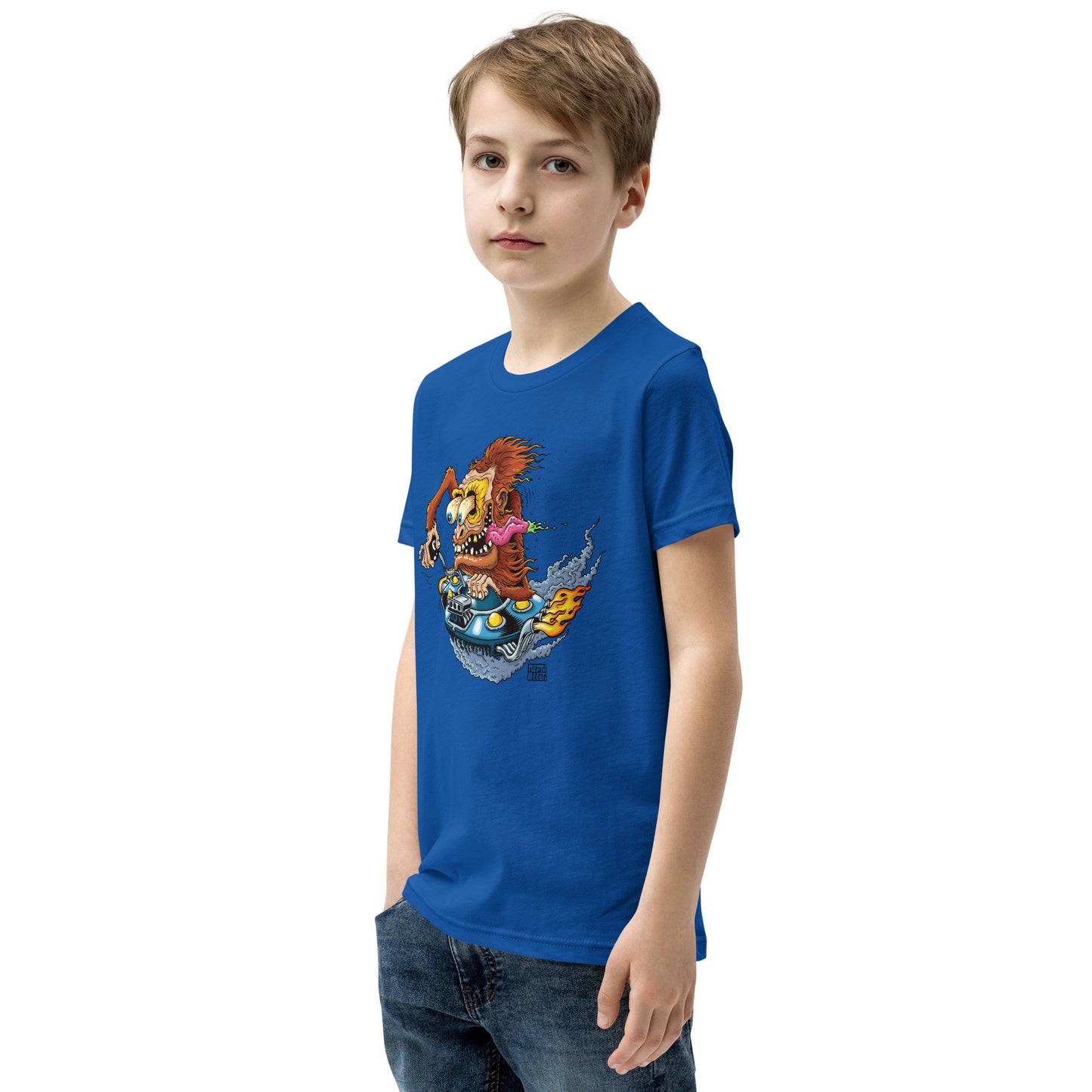 Sas-Fink - Sasquatch in UFO Hotrod - Youth Short Sleeve T-Shirt