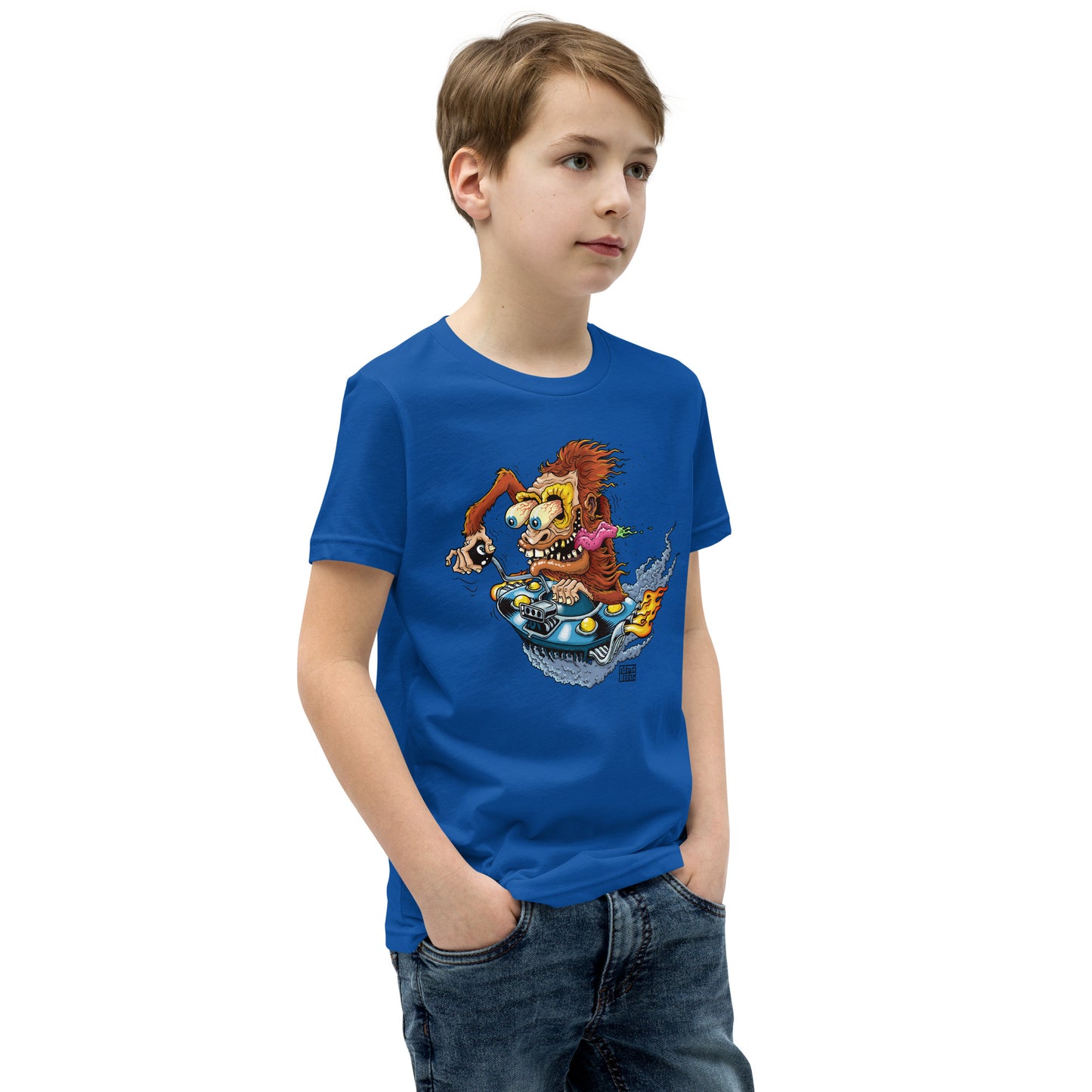 Sas-Fink - Sasquatch in UFO Hotrod - Youth Short Sleeve T-Shirt