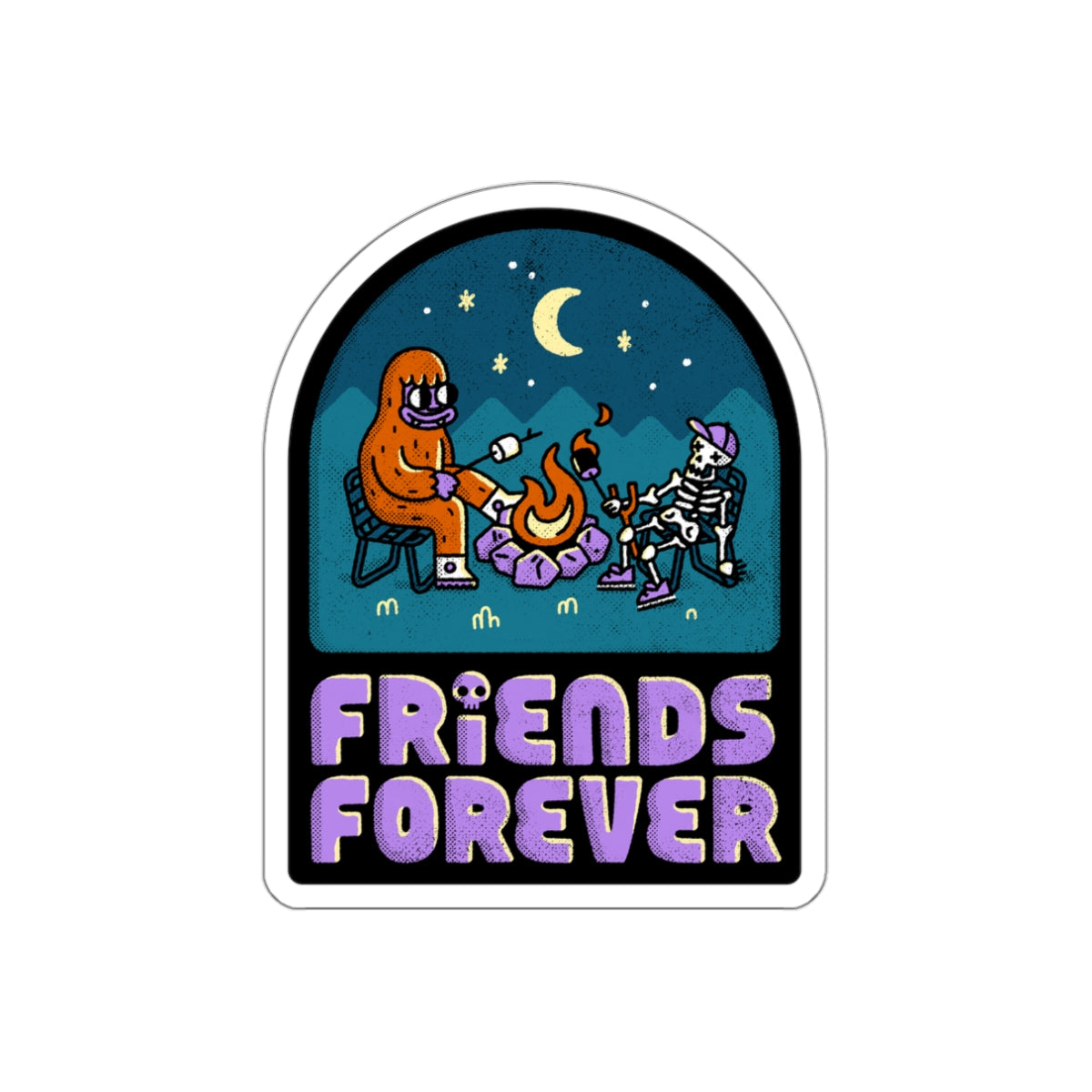 Friends Forever Camping Sticker — Cute Skeleton & Bigfoot Campfire Die-Cut Sticker