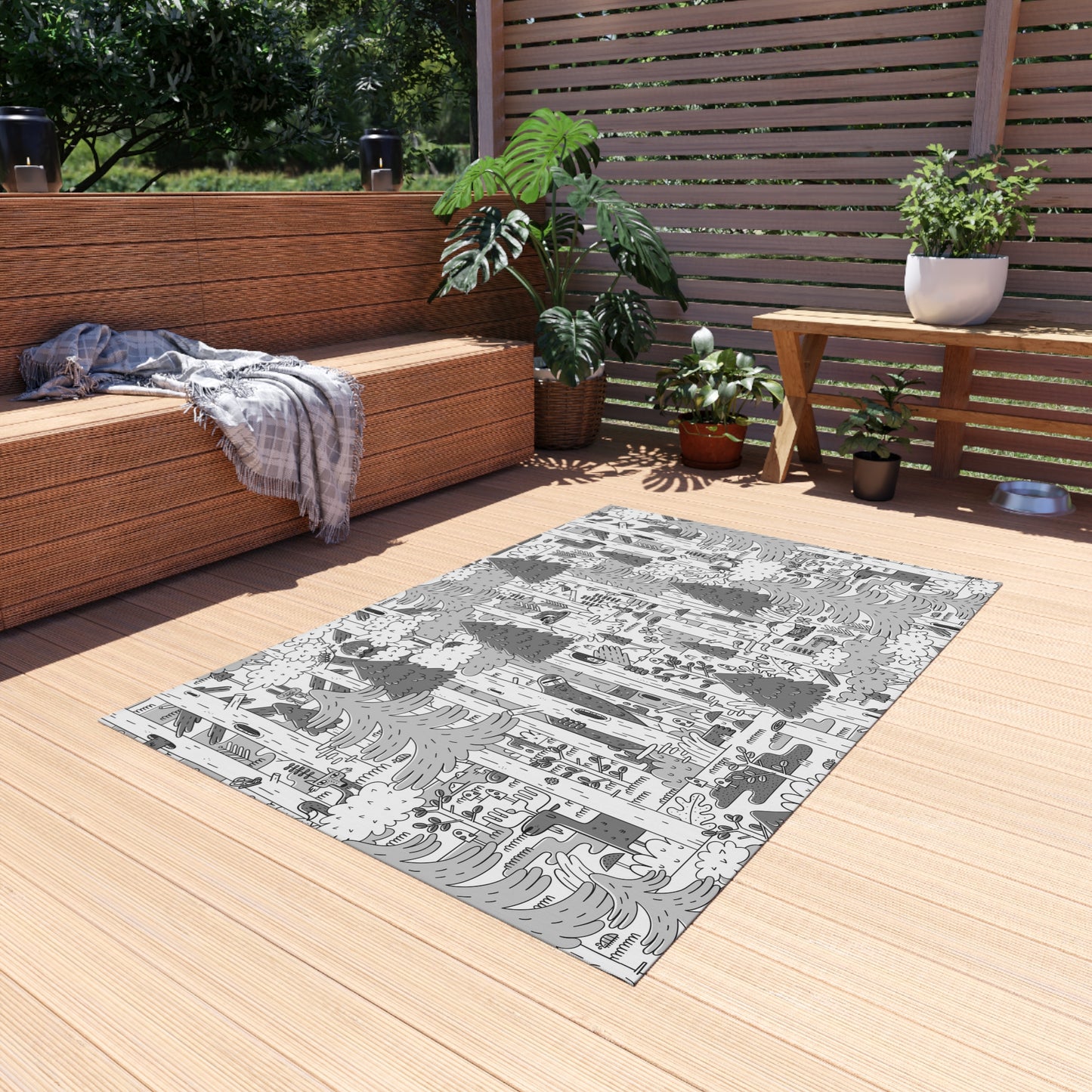 Woodsy Bigfoot in the Forest - Outdoor Rug — Monochrome Forest Pattern Patio Mat