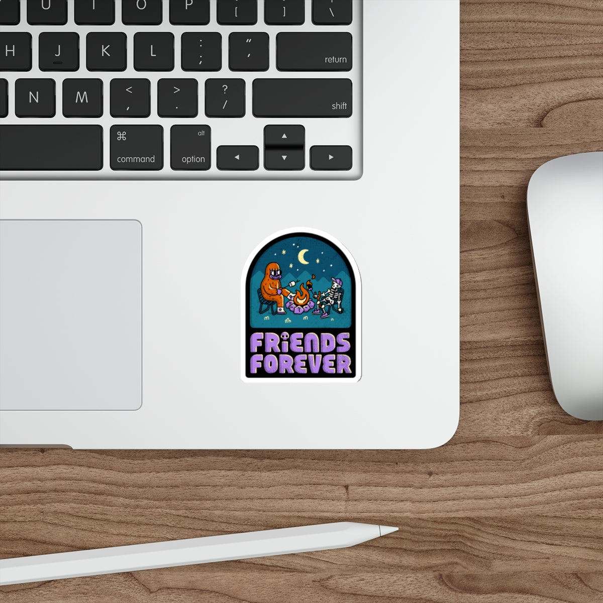 Friends Forever Camping Sticker — Cute Skeleton & Bigfoot Campfire Die-Cut Sticker