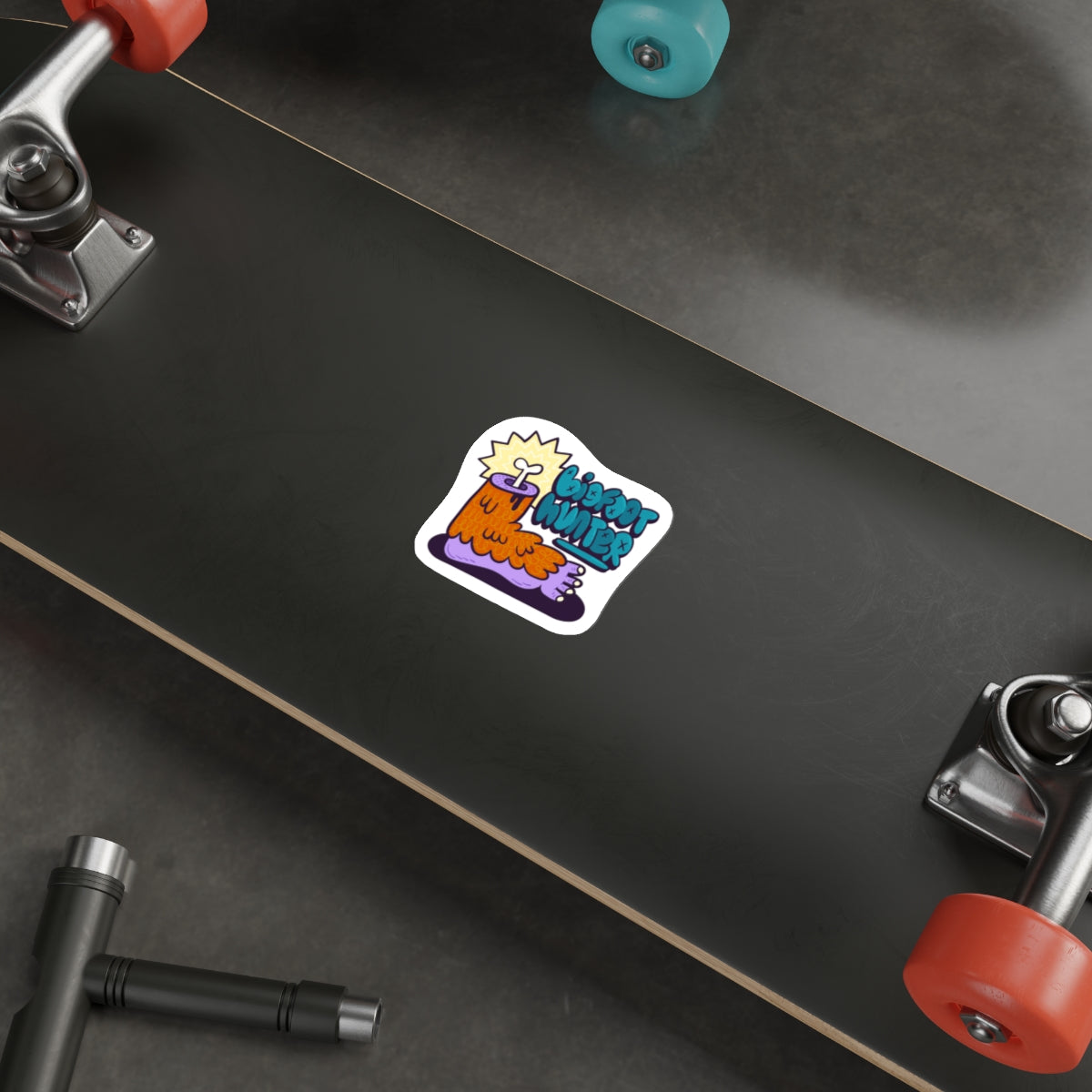Bigfoot Hunter Die-Cut Sticker — Fun Cartoon Sasquatch Graphic Sticker