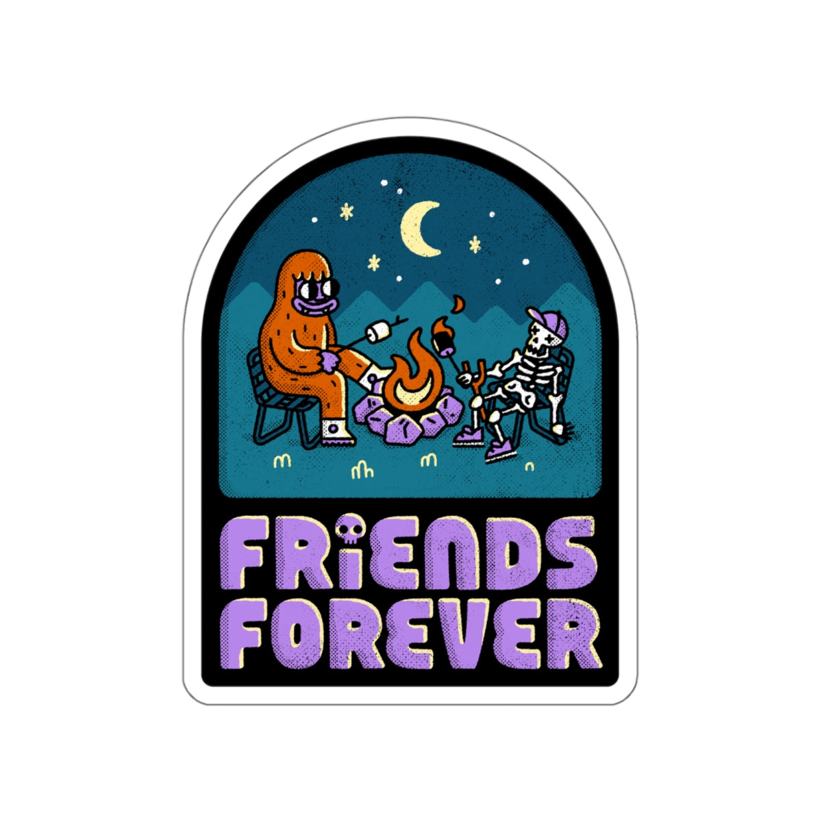 Friends Forever Camping Sticker — Cute Skeleton & Bigfoot Campfire Die-Cut Sticker