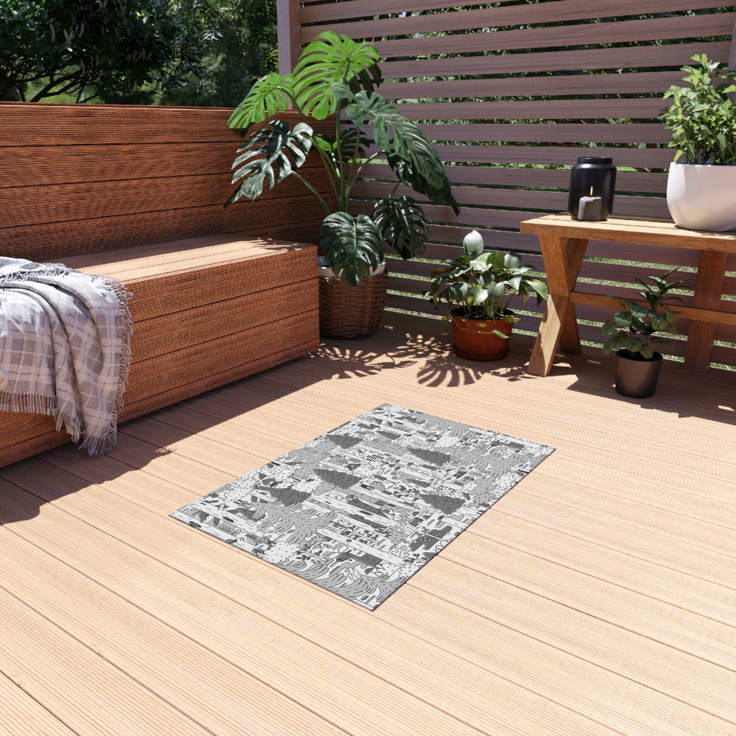 Woodsy Bigfoot in the Forest - Outdoor Rug — Monochrome Forest Pattern Patio Mat