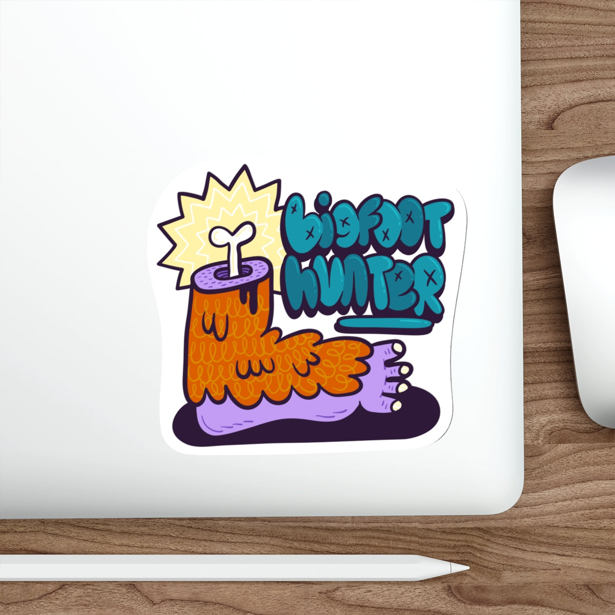 Bigfoot Hunter Die-Cut Sticker — Fun Cartoon Sasquatch Graphic Sticker
