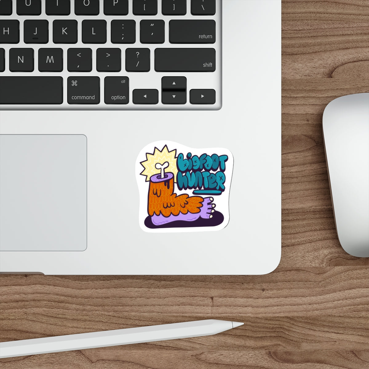 Bigfoot Hunter Die-Cut Sticker — Fun Cartoon Sasquatch Graphic Sticker