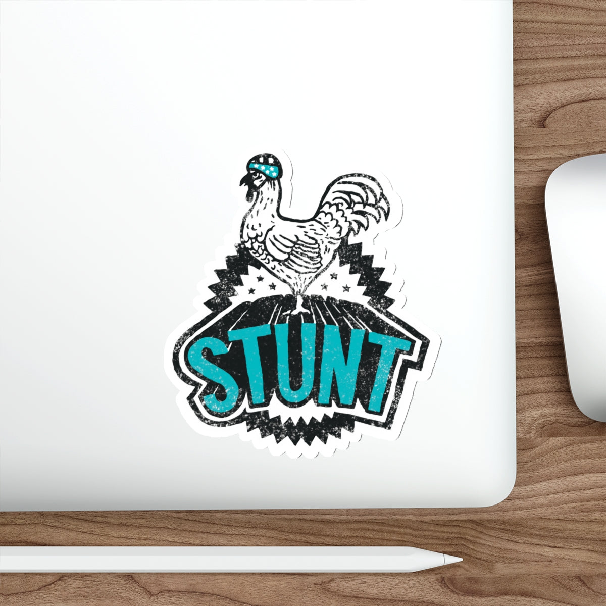 Stunt Cock Die-Cut Sticker — Retro Helmeted Rooster Skate/Action Decal