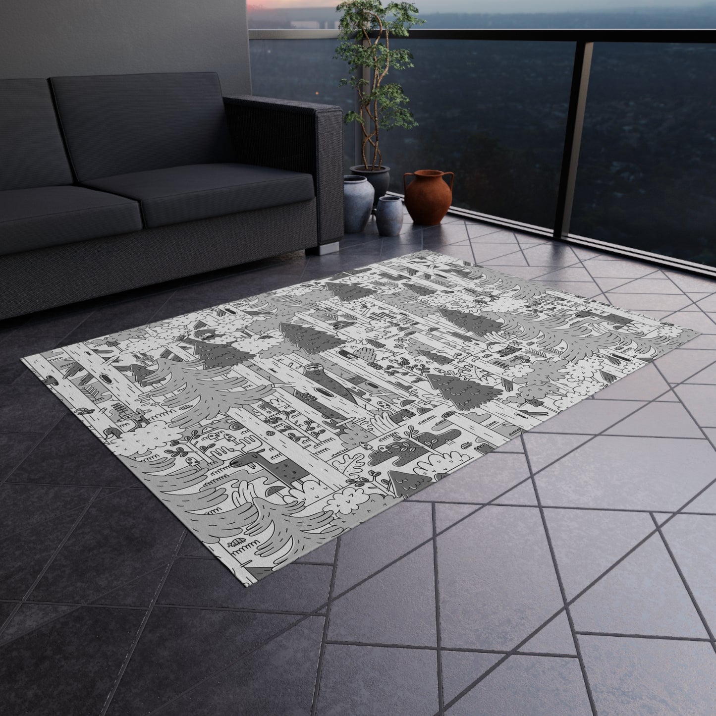 Woodsy Bigfoot in the Forest - Outdoor Rug — Monochrome Forest Pattern Patio Mat