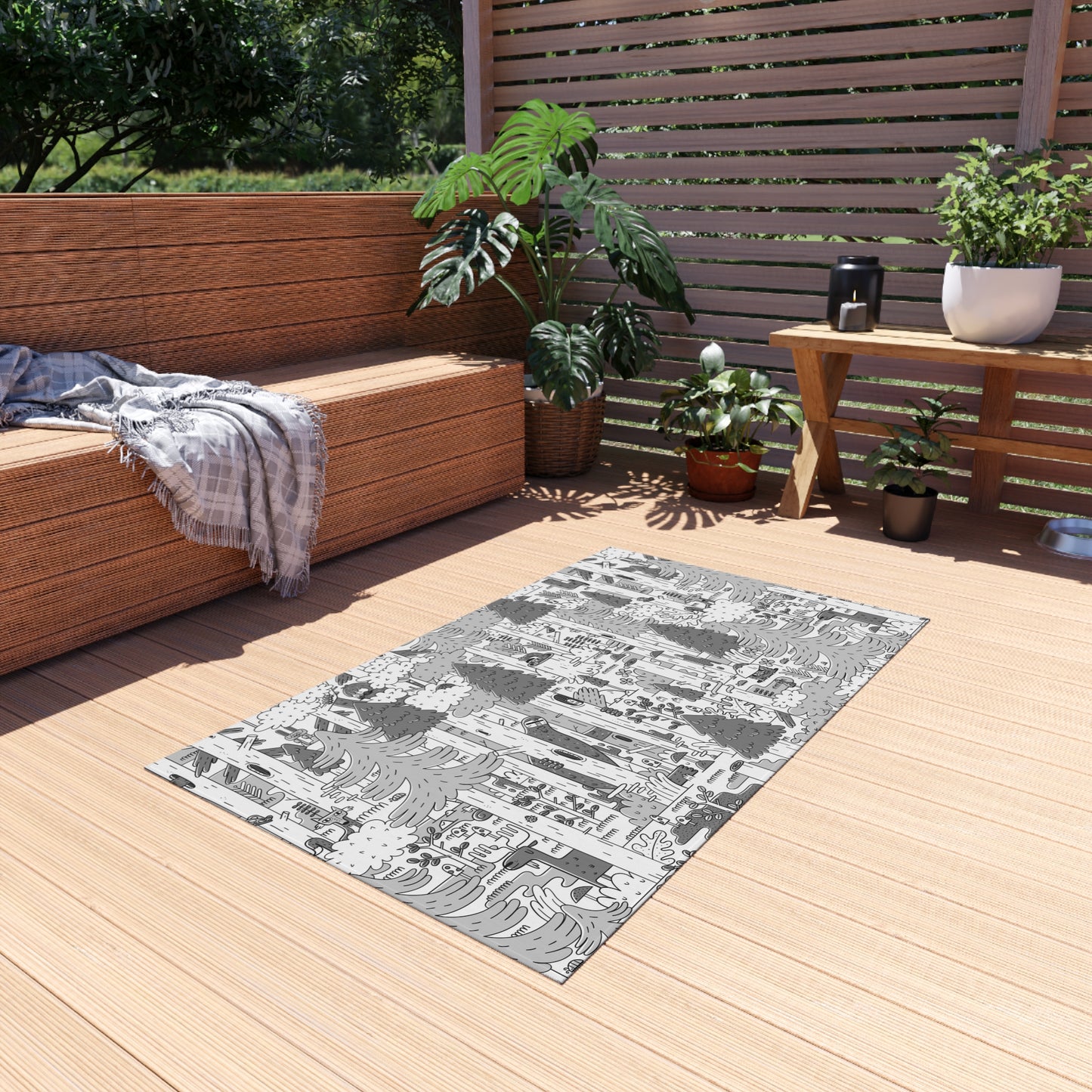 Woodsy Bigfoot in the Forest - Outdoor Rug — Monochrome Forest Pattern Patio Mat