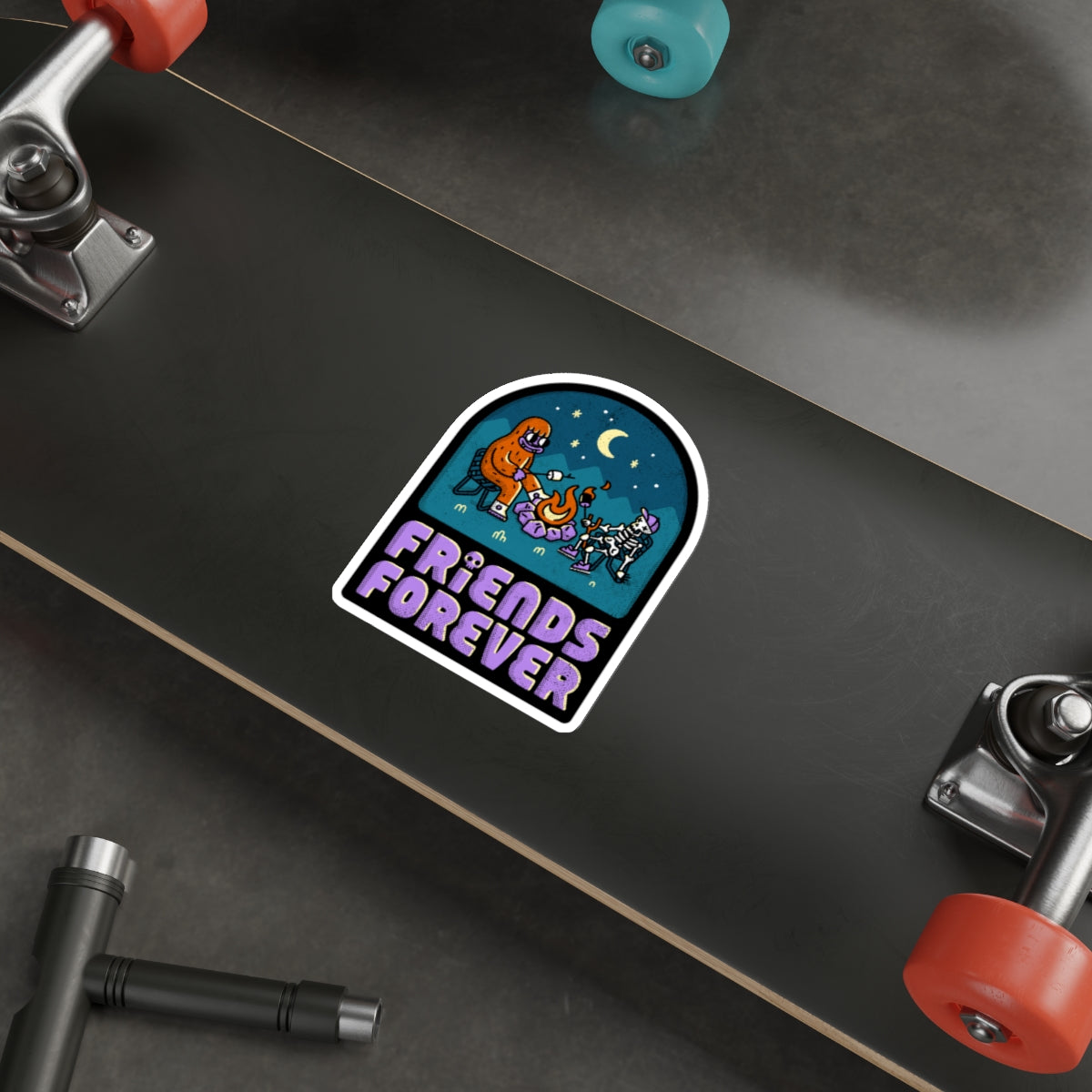 Friends Forever Camping Sticker — Cute Skeleton & Bigfoot Campfire Die-Cut Sticker