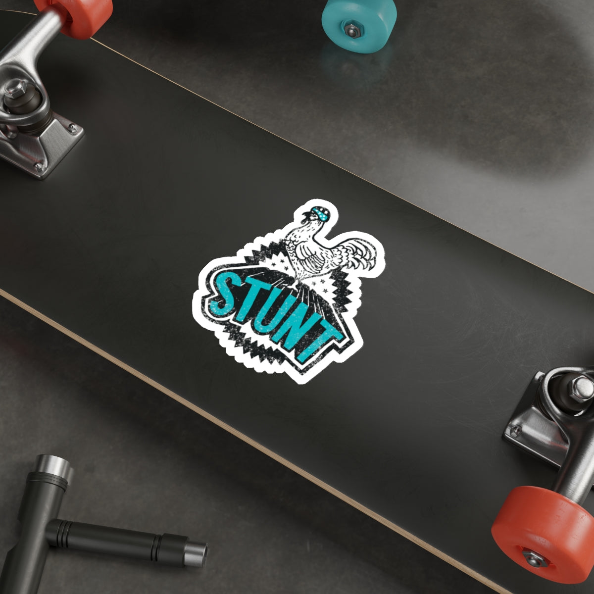 Stunt Cock Die-Cut Sticker — Retro Helmeted Rooster Skate/Action Decal