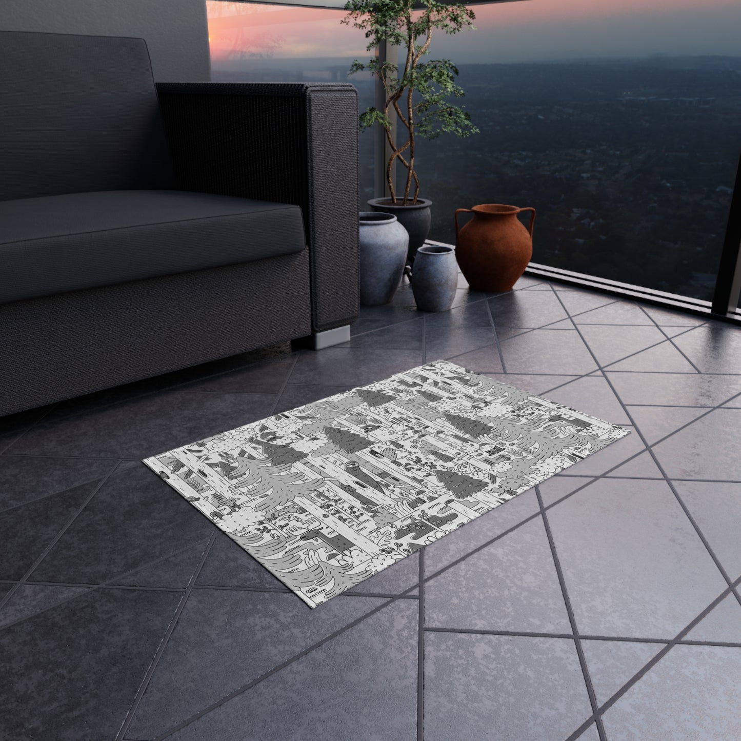 Woodsy Bigfoot in the Forest - Outdoor Rug — Monochrome Forest Pattern Patio Mat