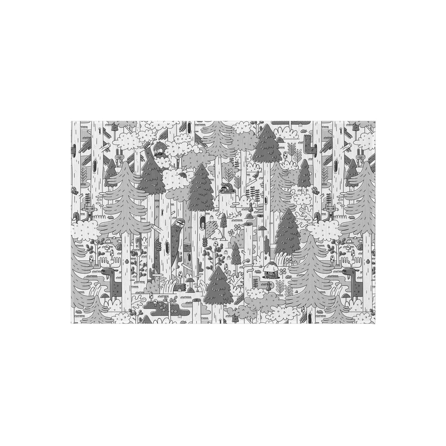 Woodsy Bigfoot in the Forest - Outdoor Rug — Monochrome Forest Pattern Patio Mat