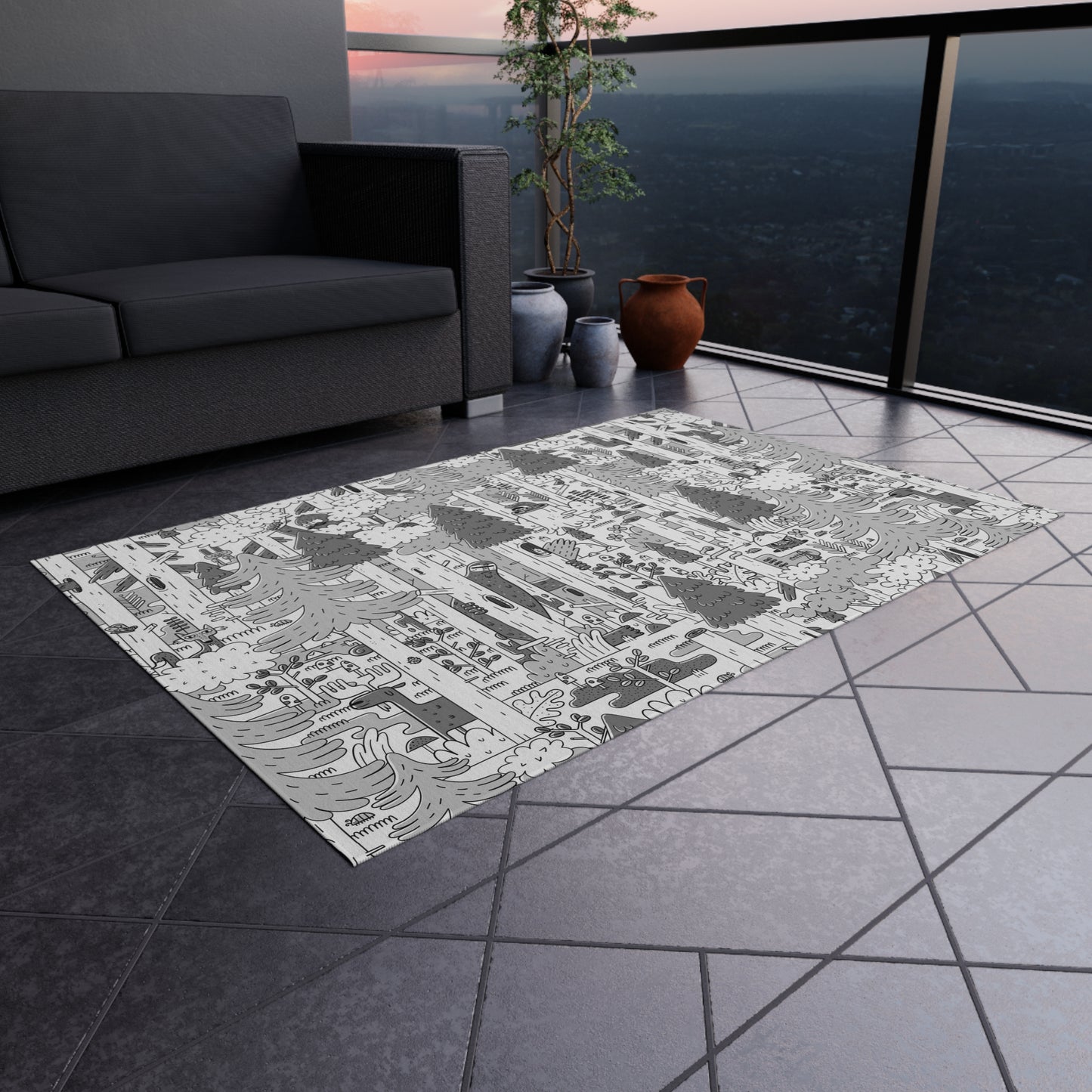 Woodsy Bigfoot in the Forest - Outdoor Rug — Monochrome Forest Pattern Patio Mat