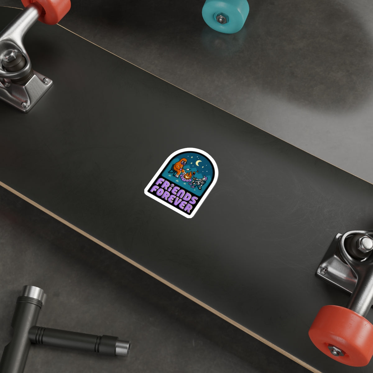 Friends Forever Camping Sticker — Cute Skeleton & Bigfoot Campfire Die-Cut Sticker