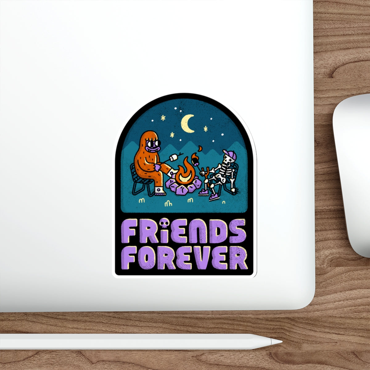 Friends Forever Camping Sticker — Cute Skeleton & Bigfoot Campfire Die-Cut Sticker
