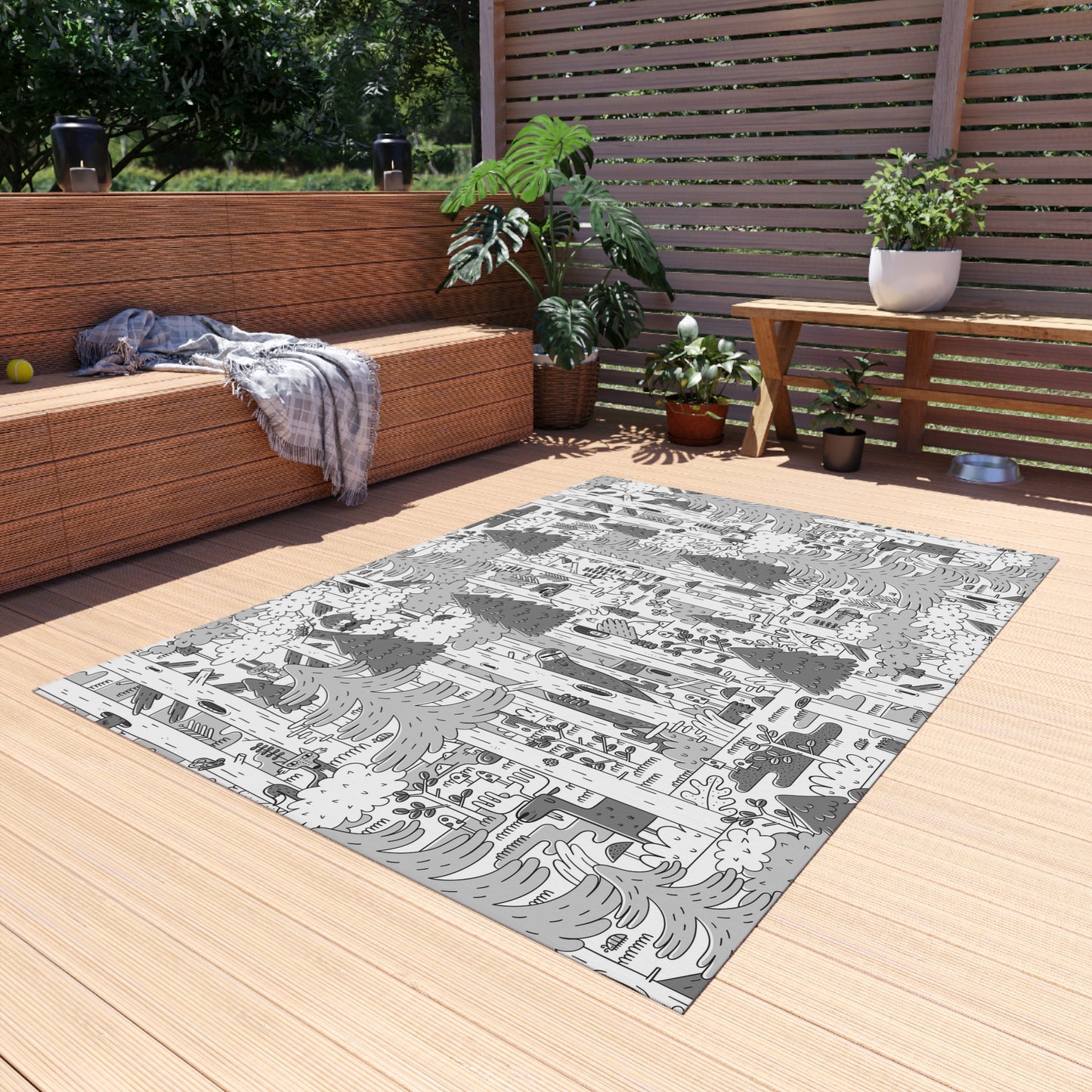 Woodsy Bigfoot in the Forest - Outdoor Rug — Monochrome Forest Pattern Patio Mat
