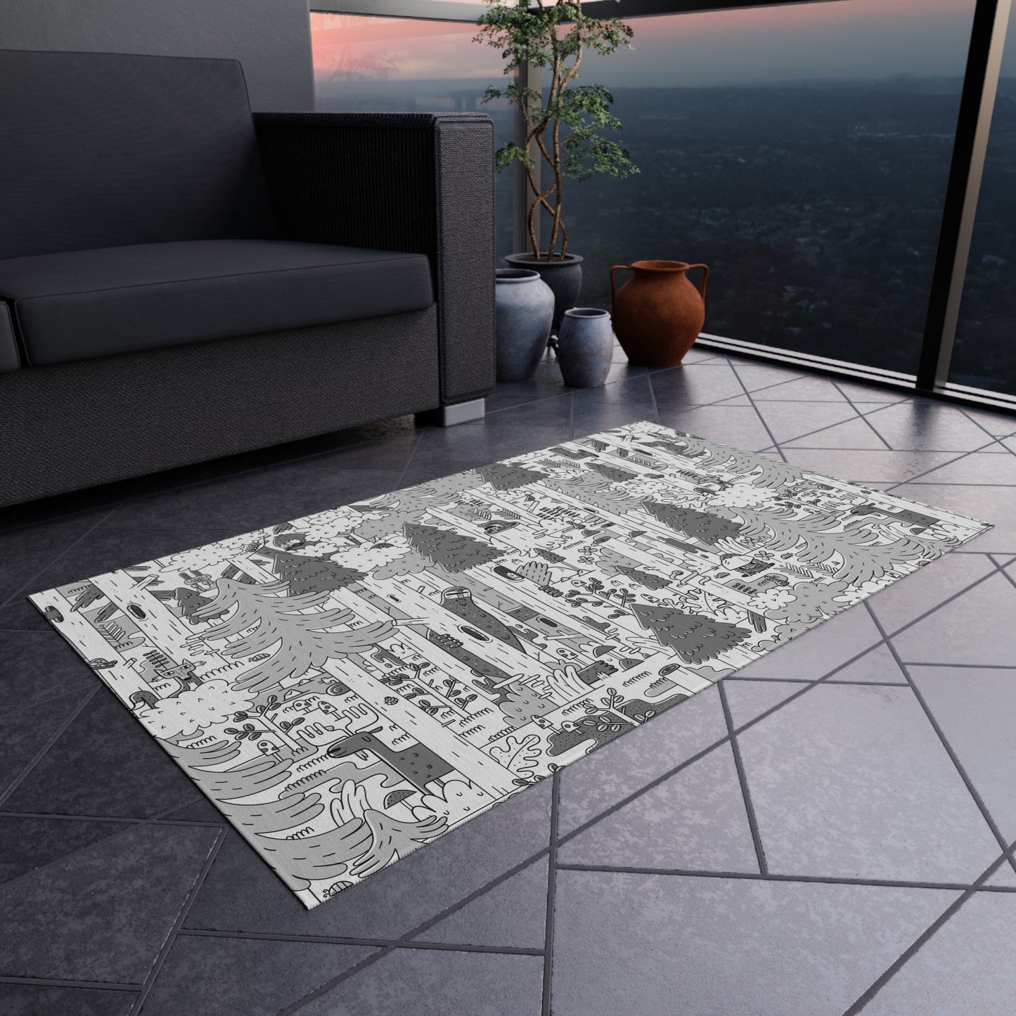 Woodsy Bigfoot in the Forest - Outdoor Rug — Monochrome Forest Pattern Patio Mat