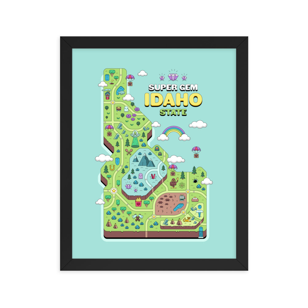 Super Gem State Idaho Video Game Map - Framed poster