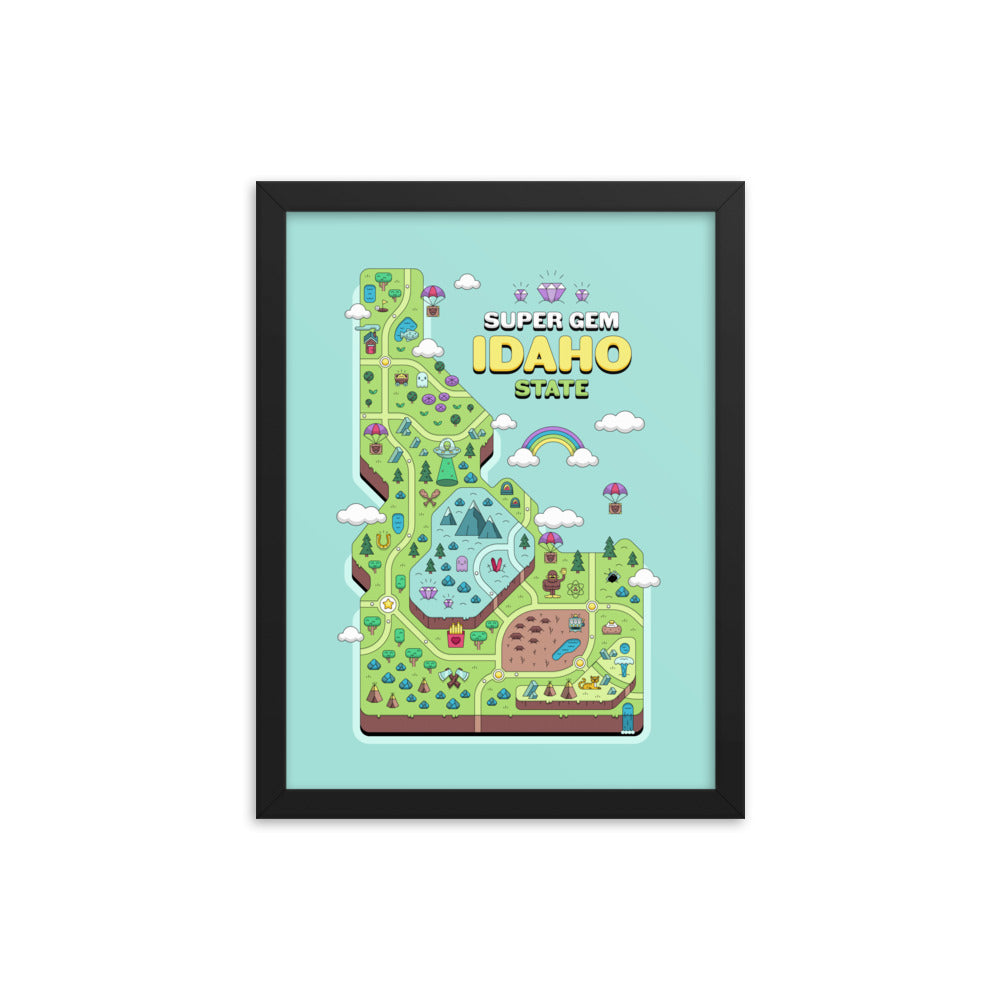 Super Gem State Idaho Video Game Map - Framed poster