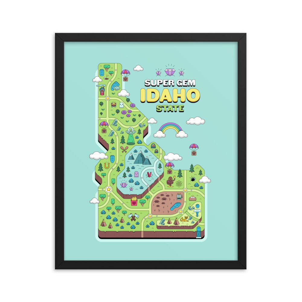 Super Gem State Idaho Video Game Map - Framed poster