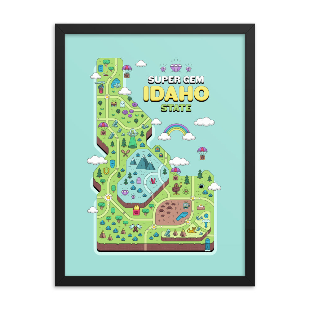 Super Gem State Idaho Video Game Map - Framed poster