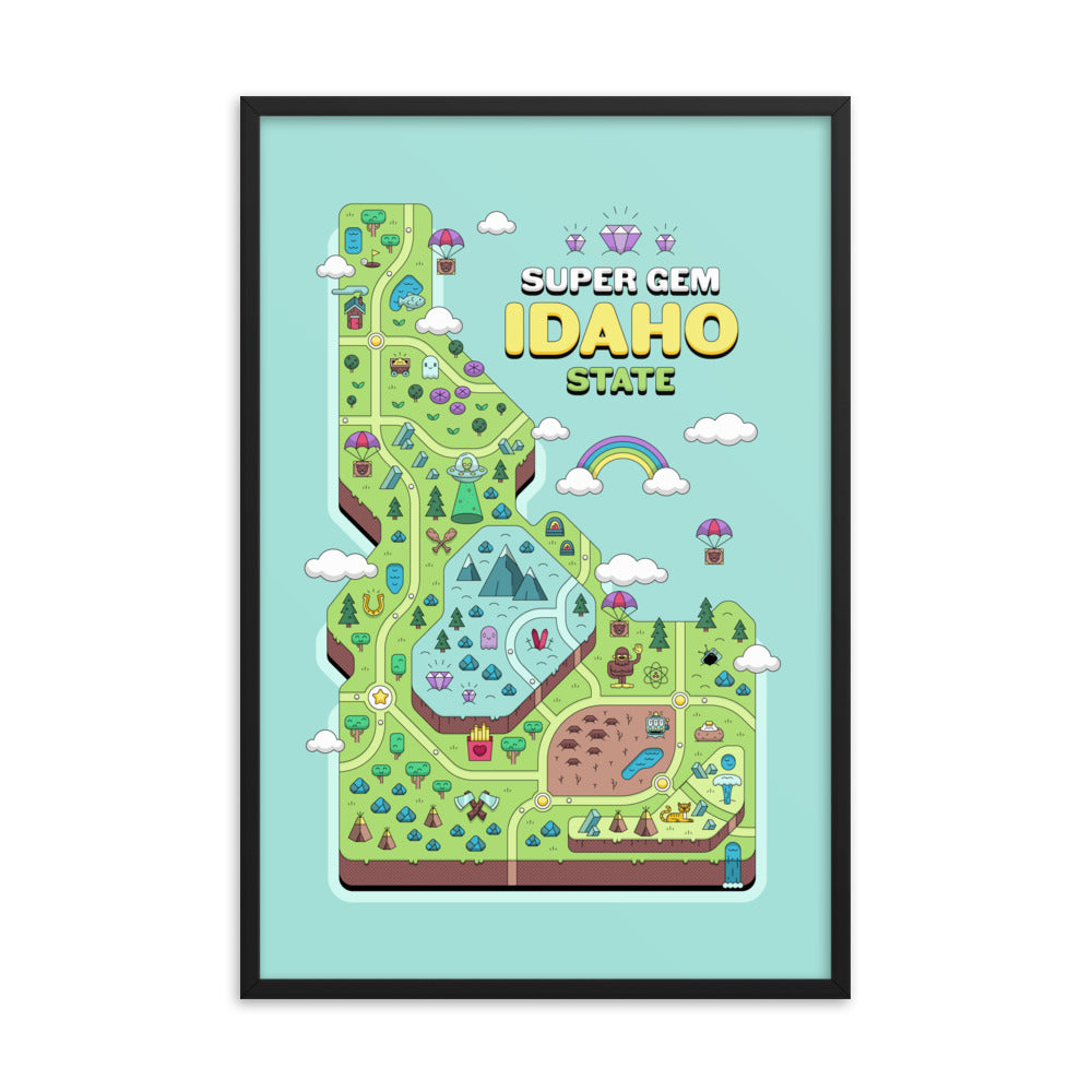 Super Gem State Idaho Video Game Map - Framed poster