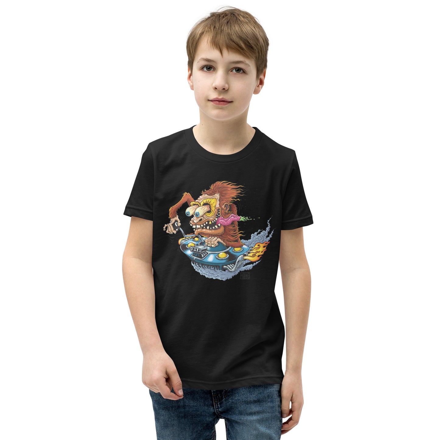 Sas-Fink - Sasquatch in UFO Hotrod - Youth Short Sleeve T-Shirt